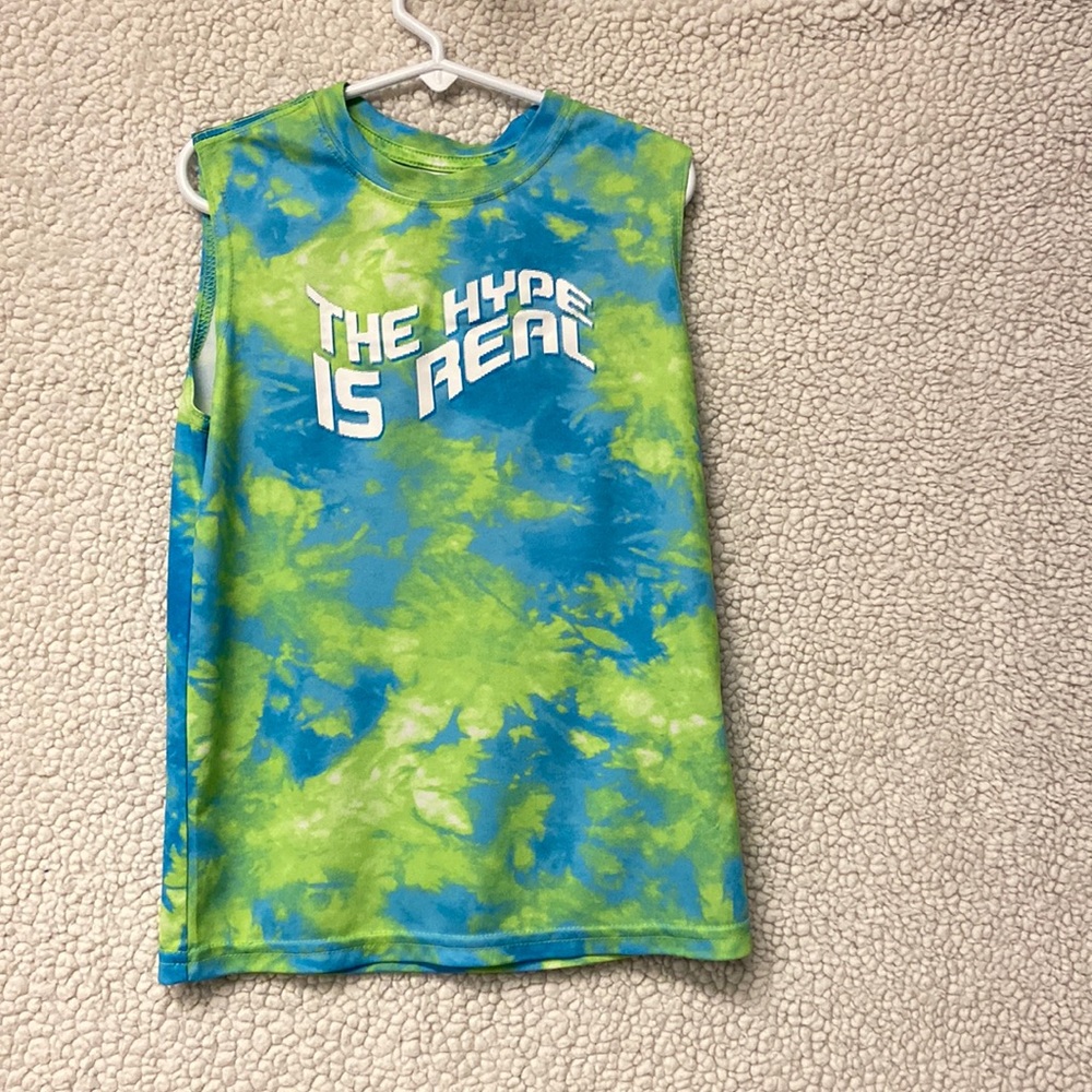 Green and blue tye dye shirt.